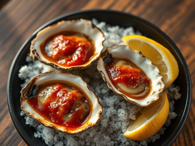 Gegrilde oesters in boterige barbecuesaus
