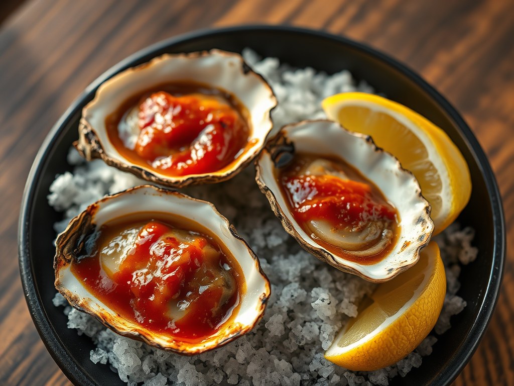 Gegrilde oesters in boterige barbecuesaus, AI-gegenereerde illustratie