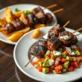 Gegrilde rundbrochettes met een salsa van verse tomaten en avocado