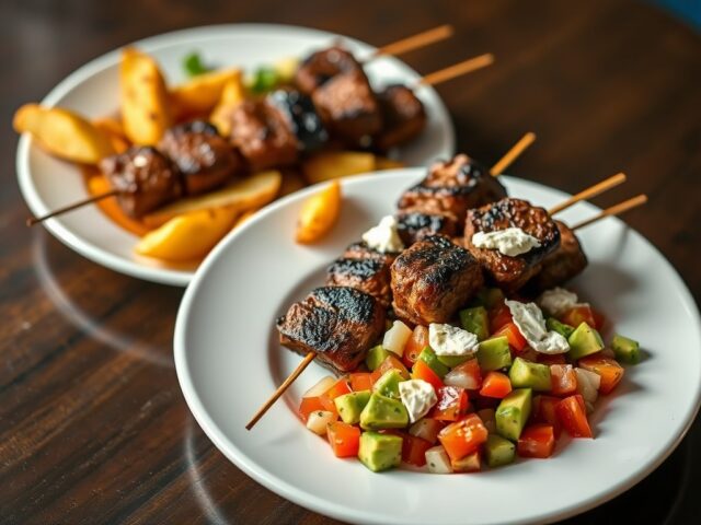 Gegrilde rundbrochettes met een salsa van verse tomaten en avocado