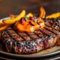 Gegrilde T-bone met tomatenboter en chips van zoete aardappel