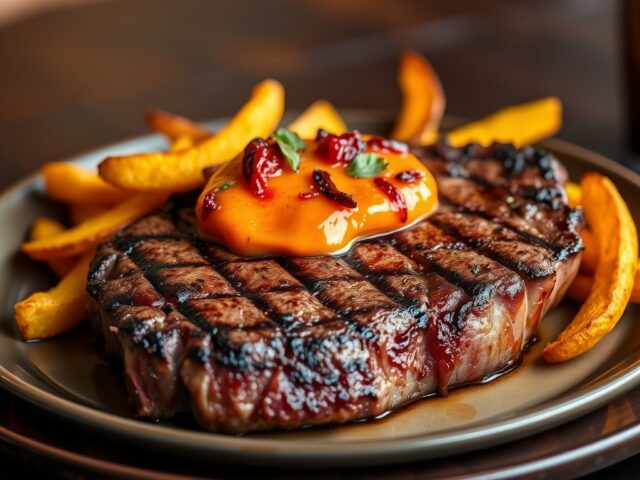 Gegrilde T-bone met tomatenboter en chips van zoete aardappel