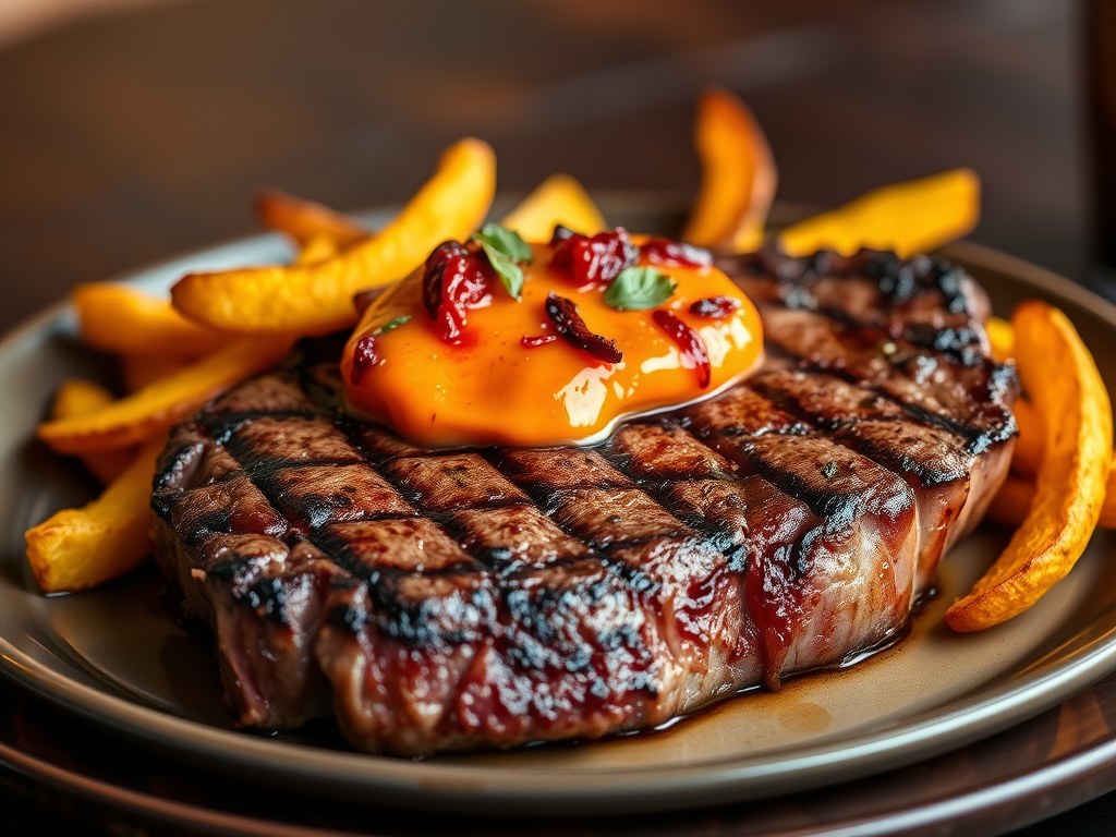 Gegrilde T-bone met tomatenboter en chips van zoete aardappel, AI-gegenereerde illustratie