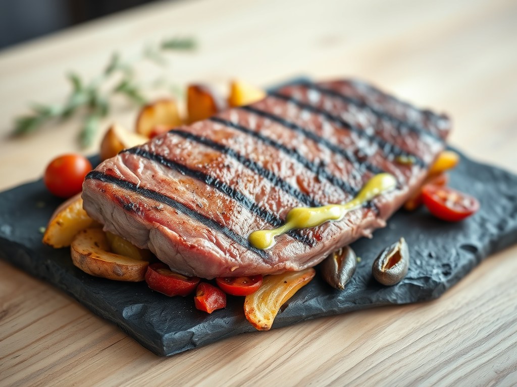 Gegrilde tonijn met aardappelen en chorizo, AI-gegenereerde illustratie