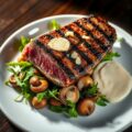 Gegrilde tonijn met rucola paddestoelen en truffel
