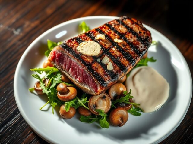 Gegrilde tonijn met rucola paddestoelen en truffel