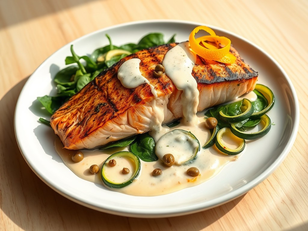 Gegrilde zalm met courgette en spinazie, AI-gegenereerde illustratie
