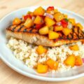 Gegrilde zalm met kokosrijst en perziksalsa