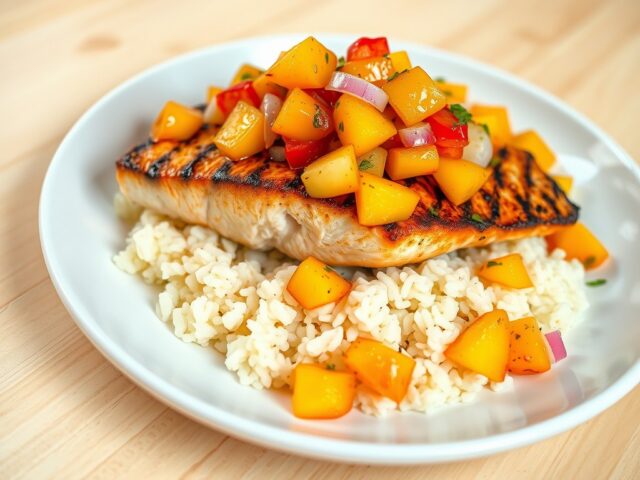 Gegrilde zalm met kokosrijst en perziksalsa