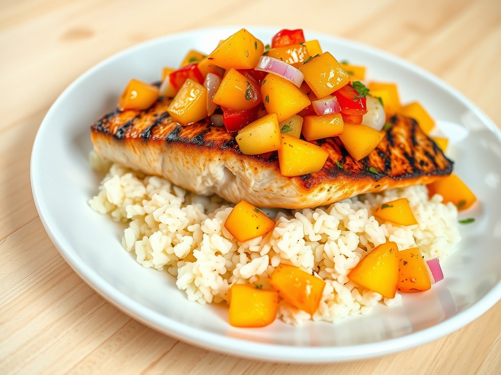 Gegrilde zalm met kokosrijst en perziksalsa, AI-gegenereerde illustratie