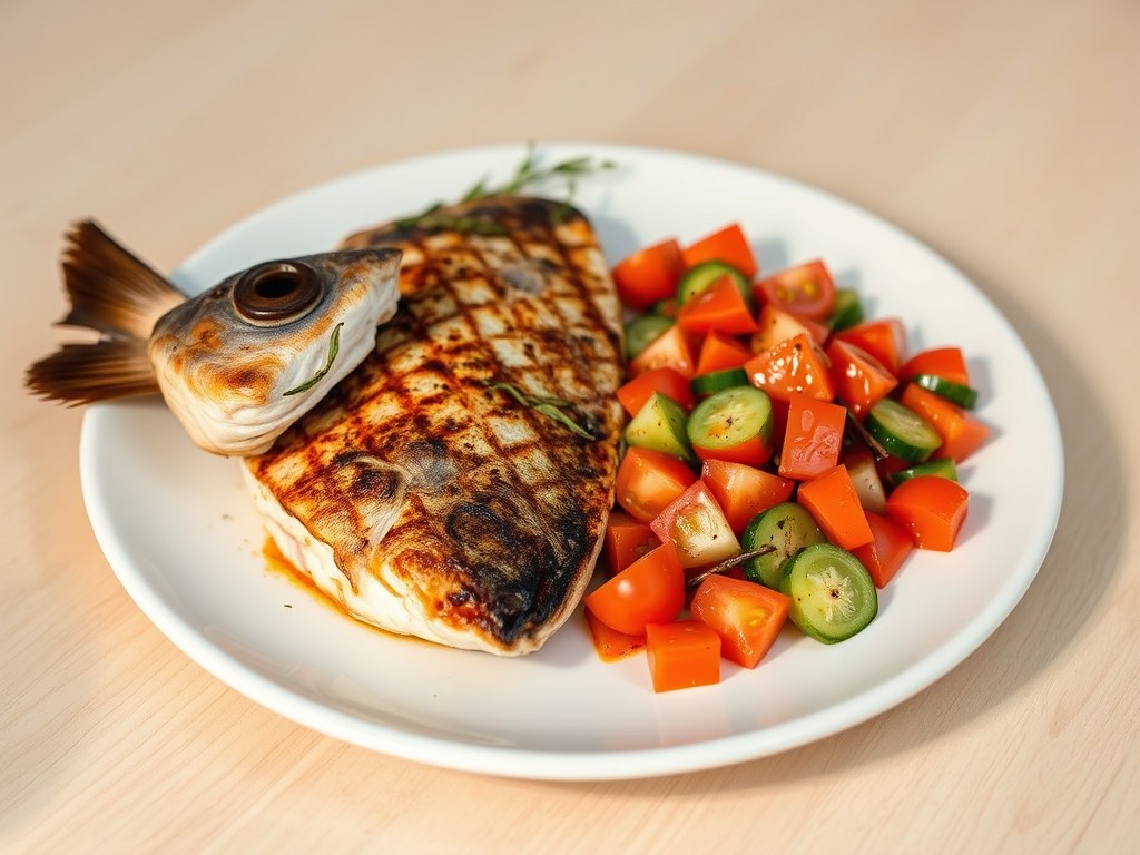 Gegrillde Zeebaars met een Pittige Tomaten-Komkommer Salade, AI-gegenereerde illustratie
