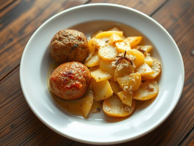 Gehaktbal met gratin van witlof en aardappelen