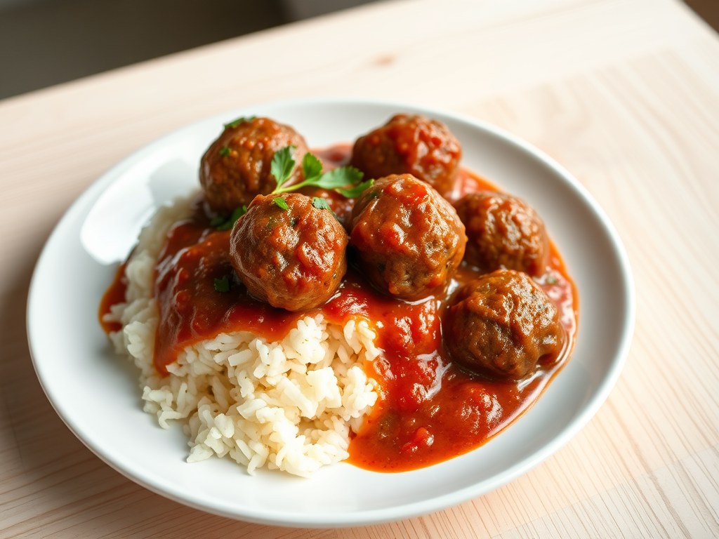 Gehaktballetjes in tomatensaus met rijst, AI-gegenereerde illustratie