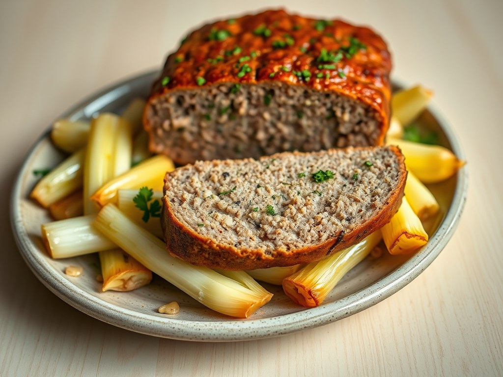 Gehaktbrood in een groentebedje, AI-gegenereerde illustratie