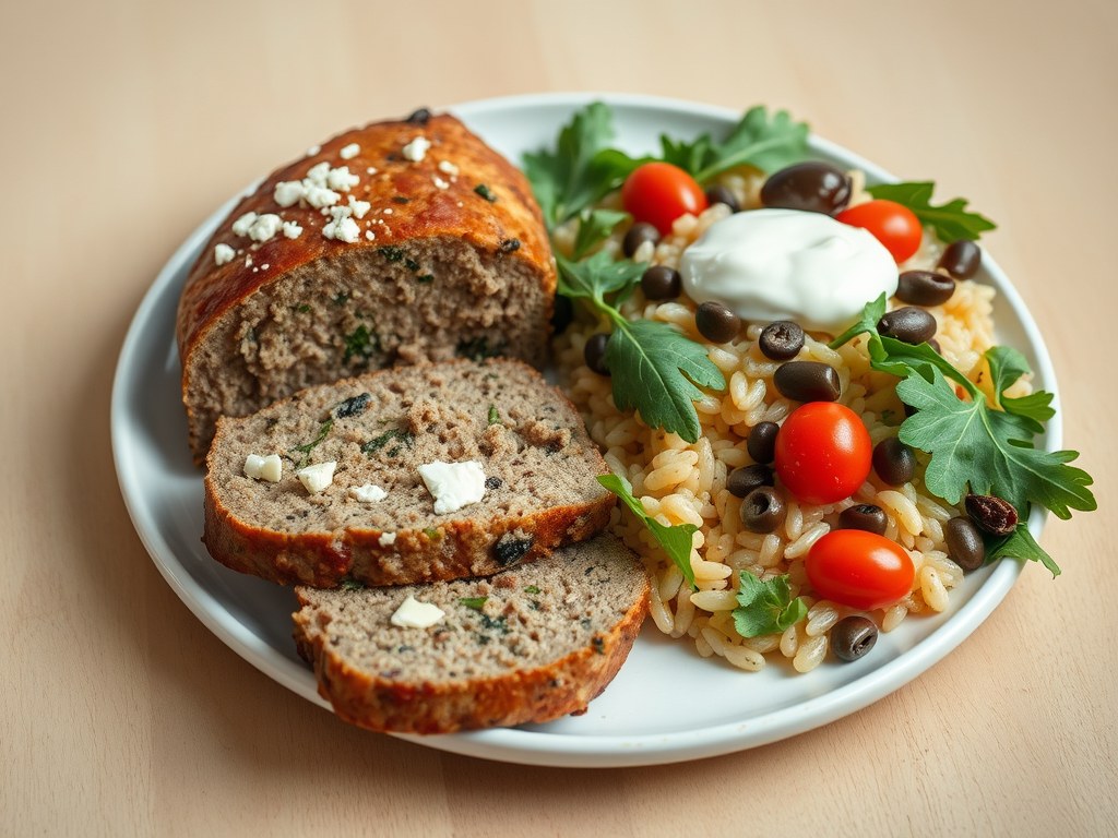 Gehaktbrood met feta en orzo salade, AI-gegenereerde illustratie