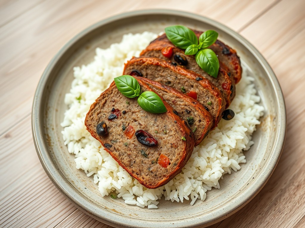 Gehaktbrood ‘Provençale’ met rijst, AI-gegenereerde illustratie
