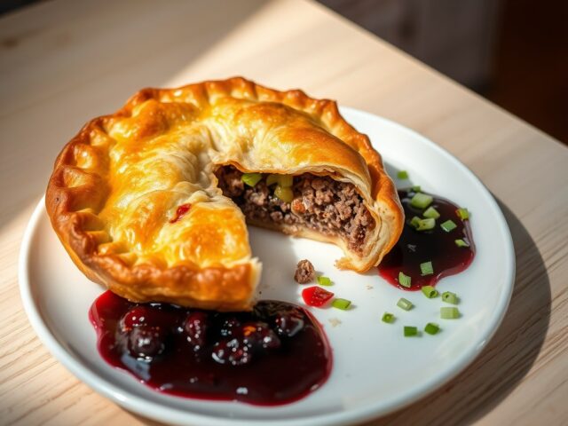 Gehaktpie met bosvruchtensaus