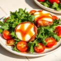 Geitenkaas in spek met honingdressing op rucola