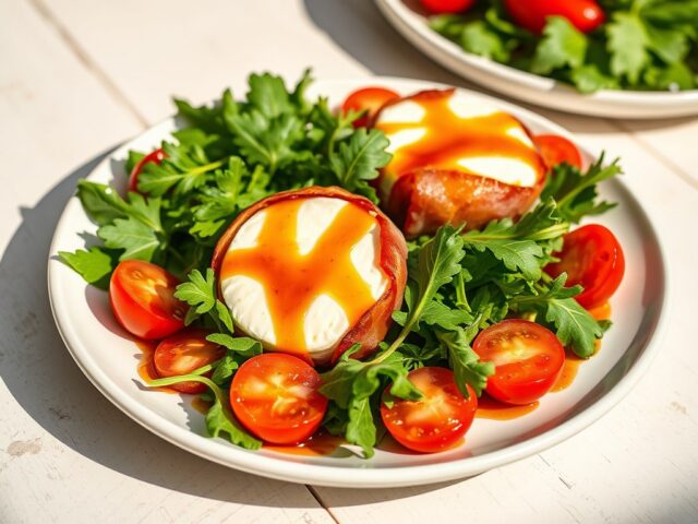 Geitenkaas in spek met honingdressing op rucola