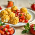 Geitenkaas-tarlyballetjes + rodepeper-aardbeisalsa