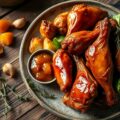 Gekaramelliseerde kipvleugels, abrikozencompote, gebakken aardappelen