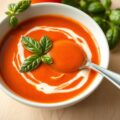 Gekoelde tomatensoep met basilicum.