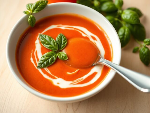 Gekoelde tomatensoep met basilicum.