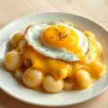 Gekookte aardappelen met kaassaus en spiegelei.