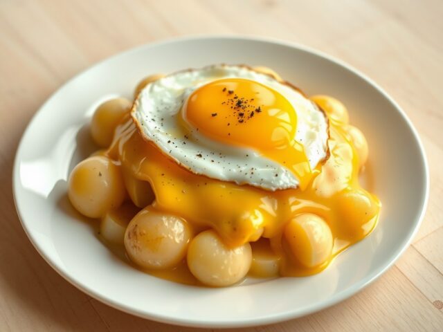 Gekookte aardappelen met kaassaus en spiegelei.