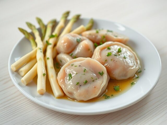 Gekookte zwezerik met punt-asperges.
