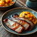 Gelakt buikspek met pompoenstoemp en pickles