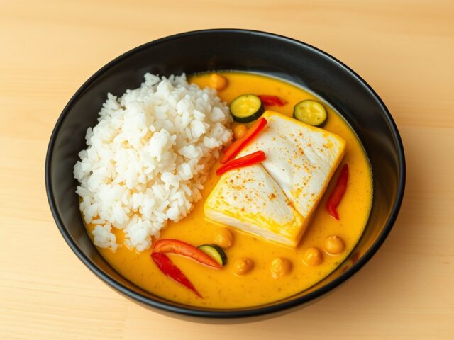 Gele curry met kabeljauw, courgette en rijst