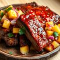Gemarineerde barbecue varkensribbetjes met een fruitige salsa van ananas en nectarines