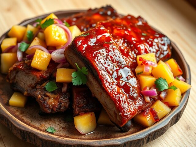 Gemarineerde barbecue varkensribbetjes met een fruitige salsa van ananas en nectarines
