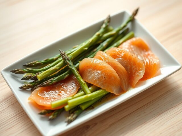 Gemarineerde groene asperges met gerookte zalm