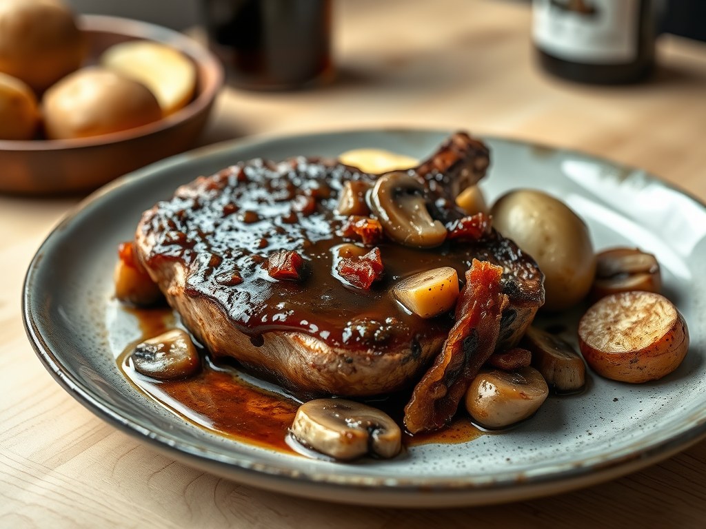 Gemarineerde varkenskoteletten met Guiness-saus, AI-gegenereerde illustratie