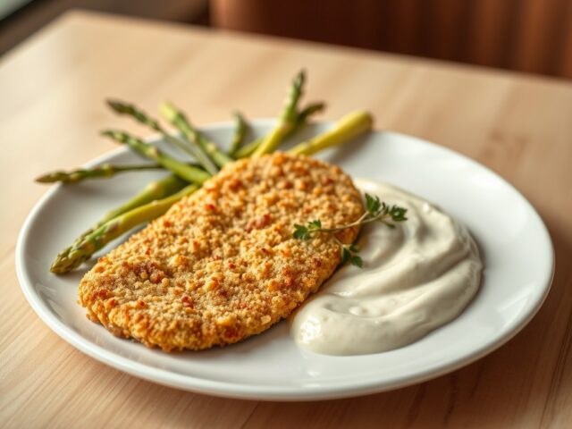 Gepaneerd kalfslapje met asperges en kruidenmousse