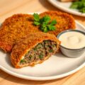 Gepaneerde gehaktschnitzels met knoflooksaus