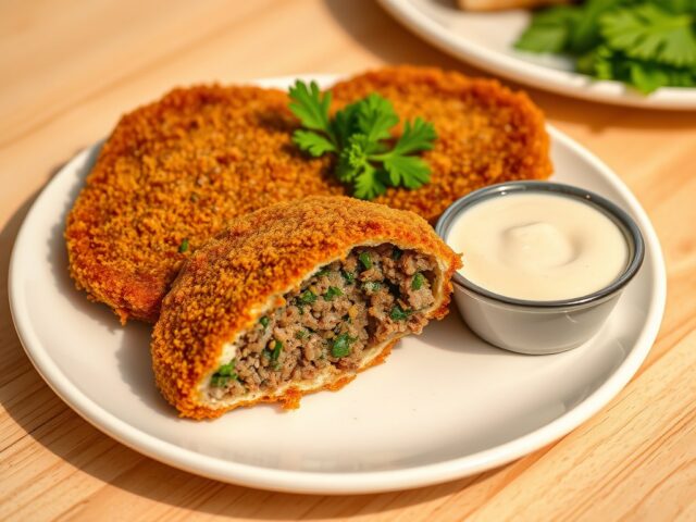 Gepaneerde gehaktschnitzels met knoflooksaus