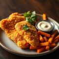 Gepaneerde koolvis, huisgemaakte tartaarsaus, zoete aardappelfrieten