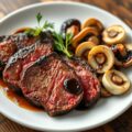 Gepelde biefstuk met champignons en balsamicoazijn