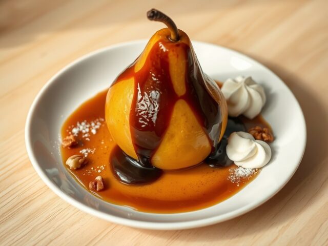 Gepocheerde peer met ganache