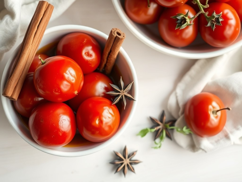 Gepocheerde tomaten met kruiden, AI-gegenereerde illustratie