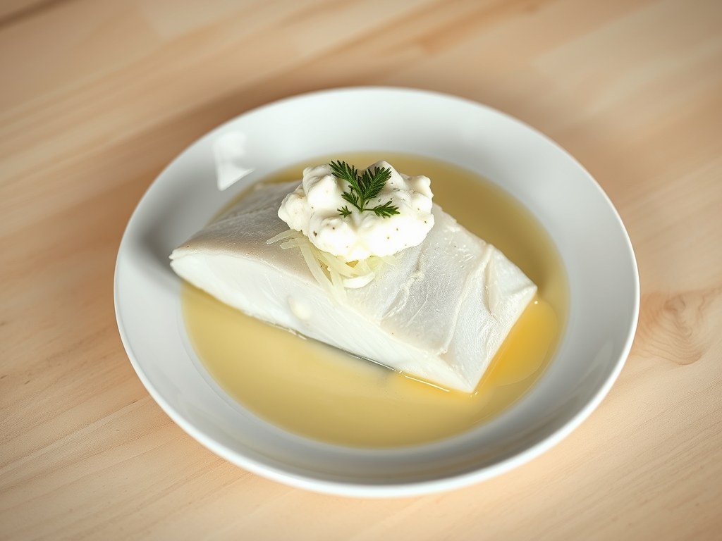 Gepocheerde tongfilet met een tartaar van scampi, AI-gegenereerde illustratie