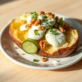 Gepofte aardappel met mozzarella en komkommer