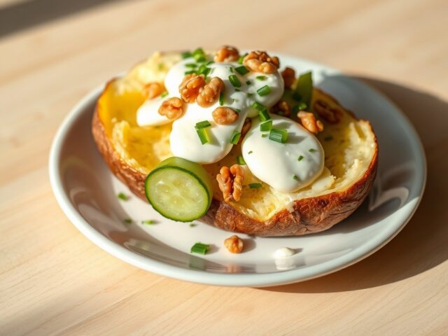 Gepofte aardappel met mozzarella en komkommer