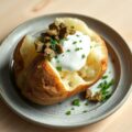 Gepofte aardappel met yoghurt en groene tapenade.