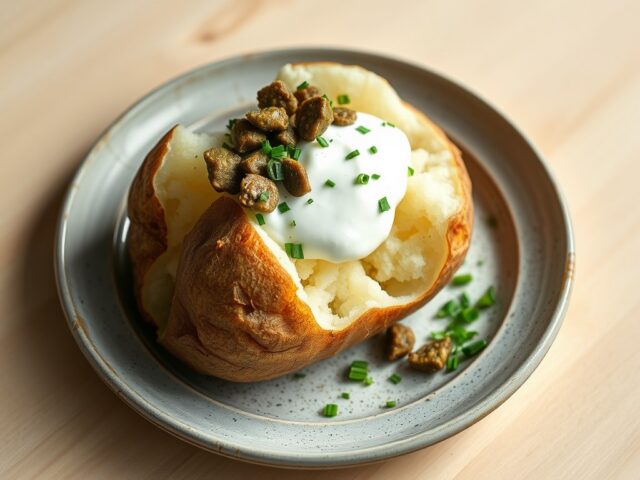 Gepofte aardappel met yoghurt en groene tapenade.