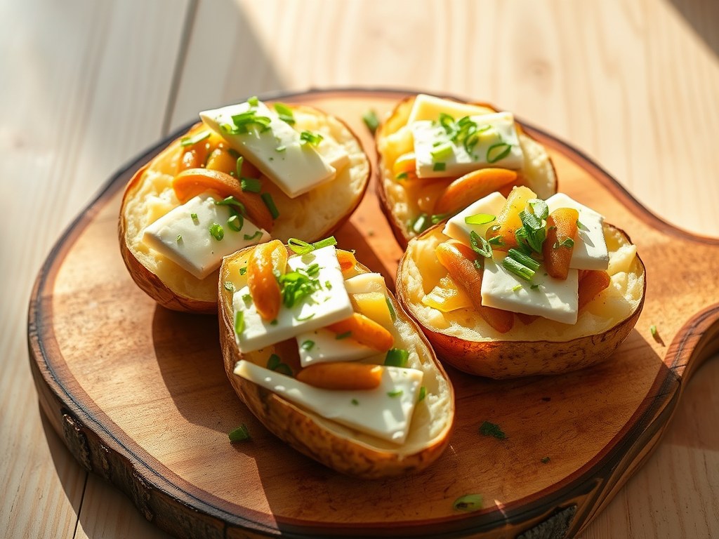 Gepofte aardappelen met prei en brie, AI-gegenereerde illustratie