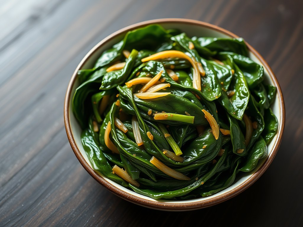 Geroerbakte wilde spinazie met Thaise vissaus, AI-gegenereerde illustratie